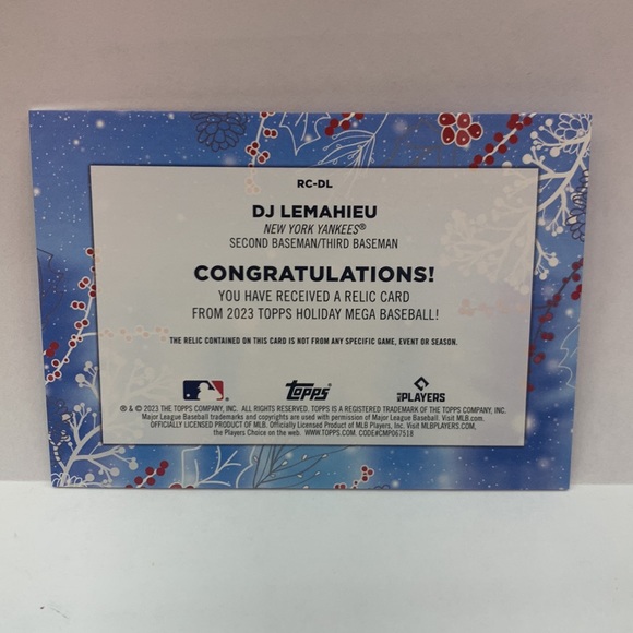 2023 Topps Holiday DJ Lemahieu Yankees Game Used Patch #RC-DL (MISC9) - Picture 2 of 2